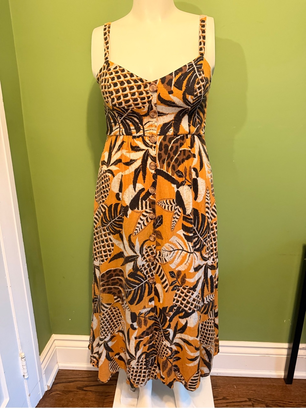 Farm Rio Women's Mustard Floral Tropical Print Button-Front Sundress M/L
